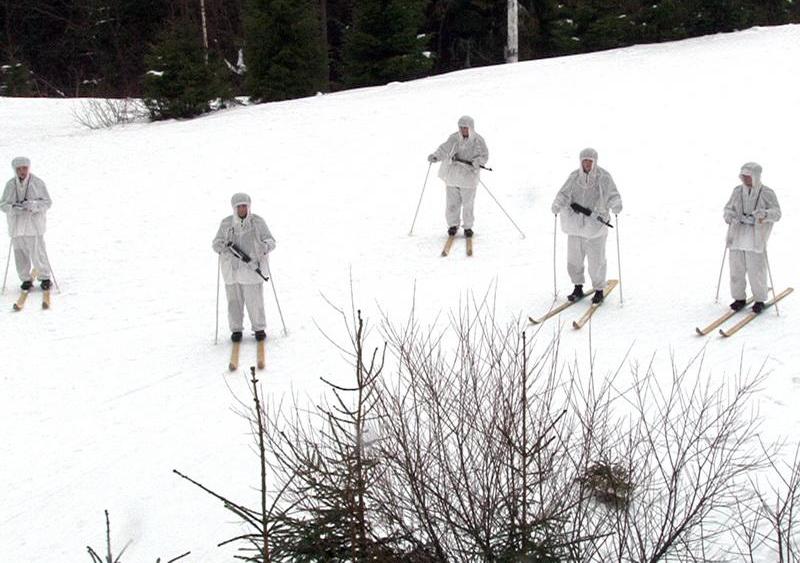Разведчики российской военной базы в Армении проходят лыжную подготовку в горах